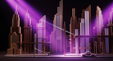 3D render of a modern city with neon lights and a carの素材