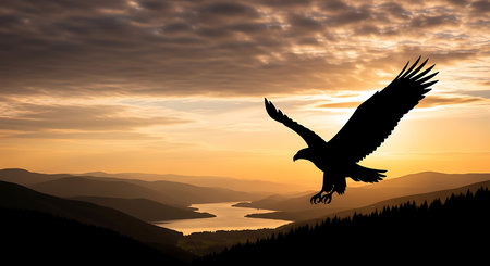 Silhouette of eagle flying over the mountains at sunset. Vector illustrationの素材
