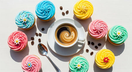 Cup of coffee and colorful cupcakes on a white background.の素材