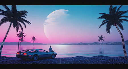 Man and car on the beach with palm trees. Sunset background.の素材