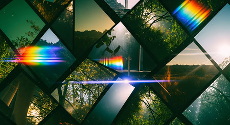 Reflection of a rainbow in a glass window of a building.の素材