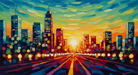 City at sunset. Vector illustration of a city at sunset. City landscape with skyscrapers.の素材