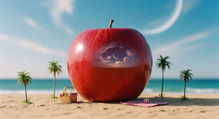 Red apple and picnic basket on the beach. 3d rendering.の素材