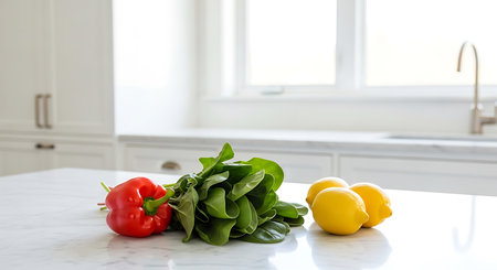 Fresh basil, pepper and lemon on the table in the kitchen.の素材