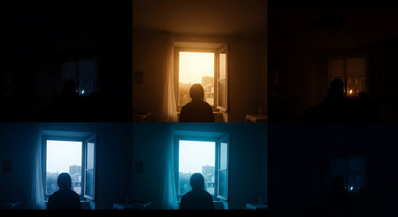 Silhouette of a man sitting in front of the window at night.の素材
