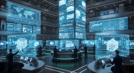 Back view of businessman and businesswoman in modern interior working with virtual screensの素材