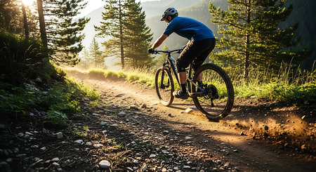 Mountain bike cyclist riding on rugged trails in the high mountains.の素材