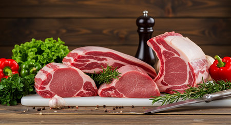 Raw pork loin chops with spices and herbs on a cutting boardの素材