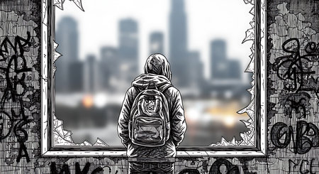 Backpacker looking at the city through a window. Vector illustration.の素材