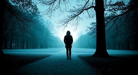 Silhouette of a young woman walking in a foggy forestの素材