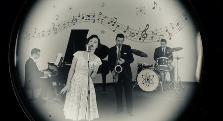 Photo of a bride and groom in a photo studio with musical instrumentsの素材