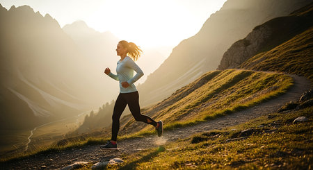 Young woman running in the mountains at sunset. Healthy lifestyle concept.の素材