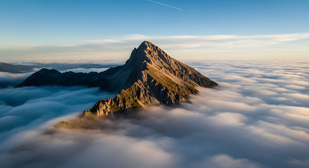Mountain peak in the clouds. Panoramic aerial view.の素材