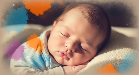 Cute newborn baby boy sleeping on a bed with colorful background.の素材