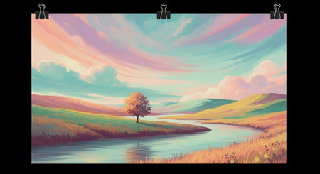 Autumn landscape with river, trees and colorful sky. Vector illustrationの素材