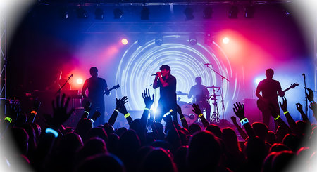 Concert crowd with hands raised at a live music concert. Concert background.の素材