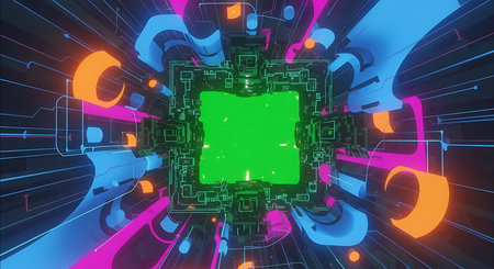 3D rendering of a futuristic user interface with a green screen.の素材