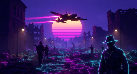 Futuristic city landscape with neon lights and silhouettes of peopleの素材