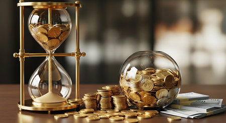 Hourglass with coins on table in office. Time is money conceptの素材