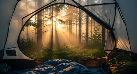 Camping tent in a misty forest at sunrise. Camping conceptの素材