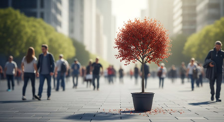 Tree in pot with people in the background. 3d rendering.の素材