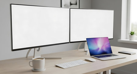 Computer screen with blank white screen on wooden desk in modern office 3D renderingの素材