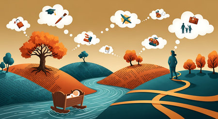 Autumn landscape with trees, river and people. Vector illustration.の素材