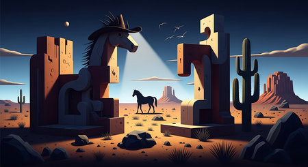 Horse in the desert at night. Vector illustration for your designの素材
