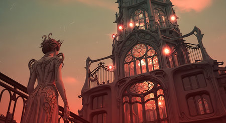 Fantasy landscape with a woman in a castle. 3d renderingの素材