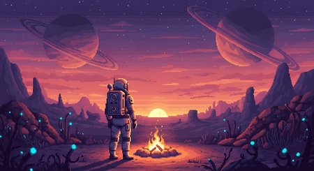 Space scene with astronaut near the fire, vector illustration in cartoon styleの素材
