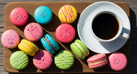Colorful macaroons and cup of coffee on a wooden tableの素材