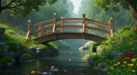 Wooden bridge over the river in the garden. 3d renderの素材