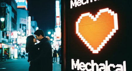 Unidentified man looking at neon heart sign on the street in Tokyo, Japan.の素材