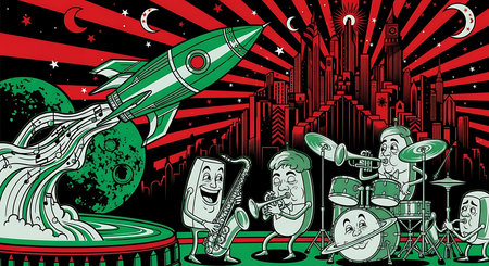 Cartoon illustration of a group of musicians playing musical instruments on the background of the planet.の素材