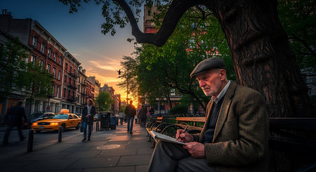 Handsome mature man using a tablet computer while sitting in the streetの素材