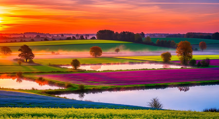 Sunset over the meadow with blooming tulips in springの素材