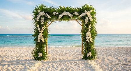 Wedding arch decorated with tropical flowers on the sandy beach.の素材