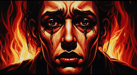 Zombie face in fire. Halloween vector illustration. Horror theme.の素材