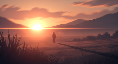 Foggy sunrise over the lake. 3d render illustration.の素材