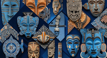Tribal masks on a blue background. 3d illustration.の素材