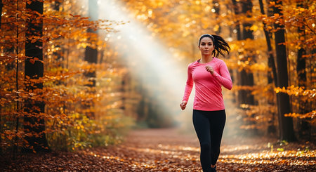 Young woman jogging in autumn forest. Healthy lifestyle and sport concept.の素材