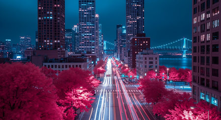 Night view of New York City, USA. Long exposure shot.の素材