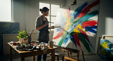 Female artist painting a picture in her studio. She is holding a palette and a brush.の素材