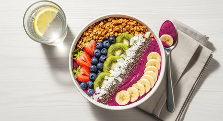Healthy breakfast bowl with chia seeds, yogurt, granola and fresh fruits.の素材