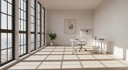 Interior of modern bathroom with white walls, tiled floor, panoramic window with city view and white sink. 3d renderingの素材