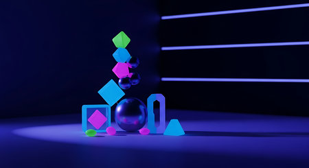 3d rendering of abstract geometric shapes in blue and purple neon lightの素材