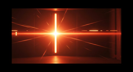 Neon light beam on dark background. Laser beam in dark room. Laser beam in dark room. Laser beam in dark room. Light beam in dark room.の素材