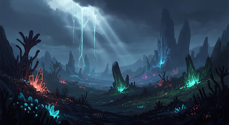 Fantasy landscape with dark forest and bright lightning. Vector illustration.の素材