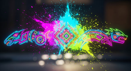 Colorful neon holographic lettering on black background. 3D Renderingの素材