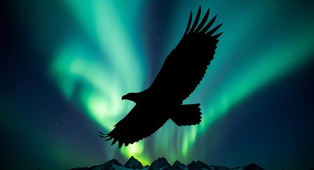 Aurora borealis in the night sky with a flying eagleの素材